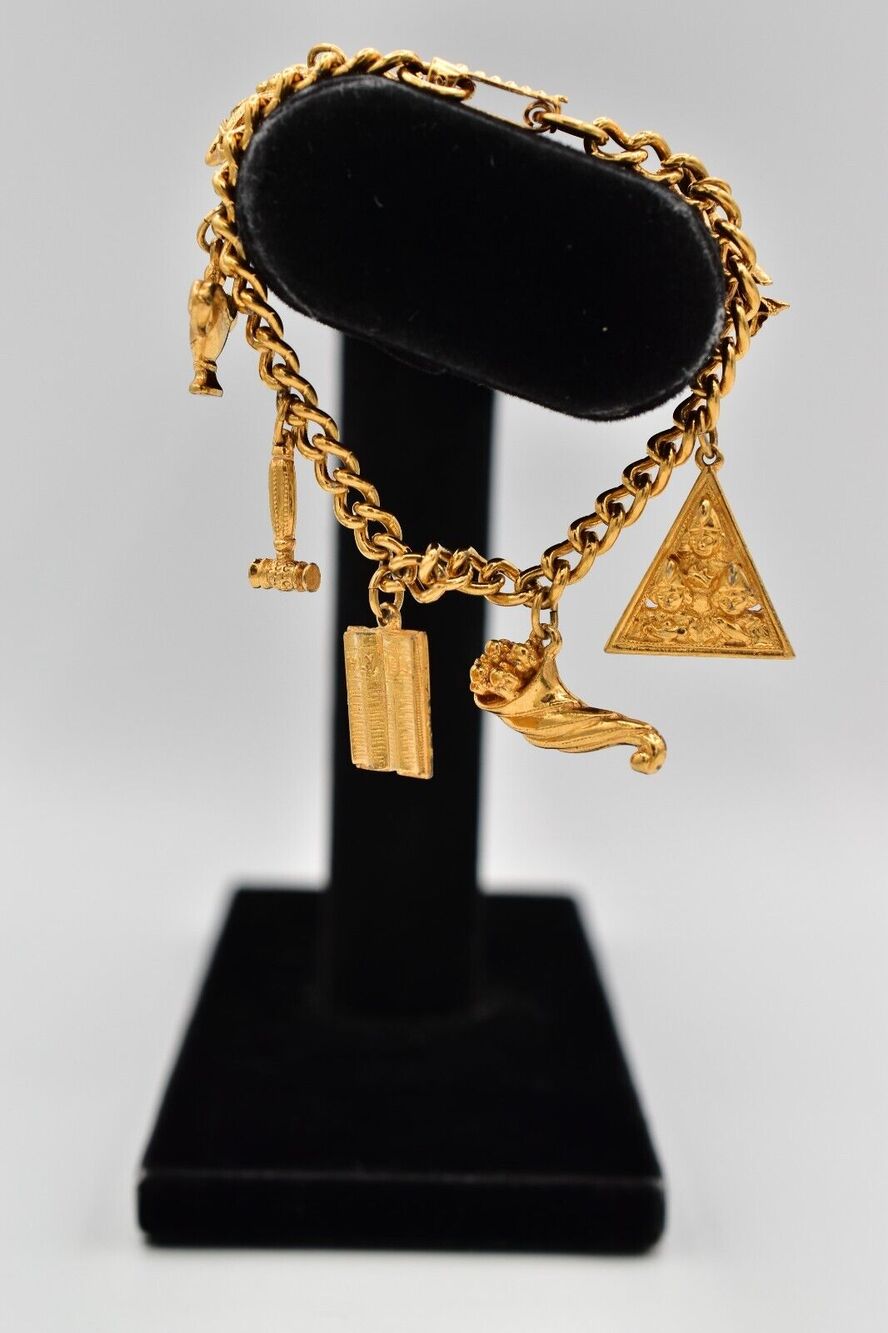 Ora Vintage Charm Bracelet Dangle Bird Bible Crown Gold Tone Signed 1940s BinO